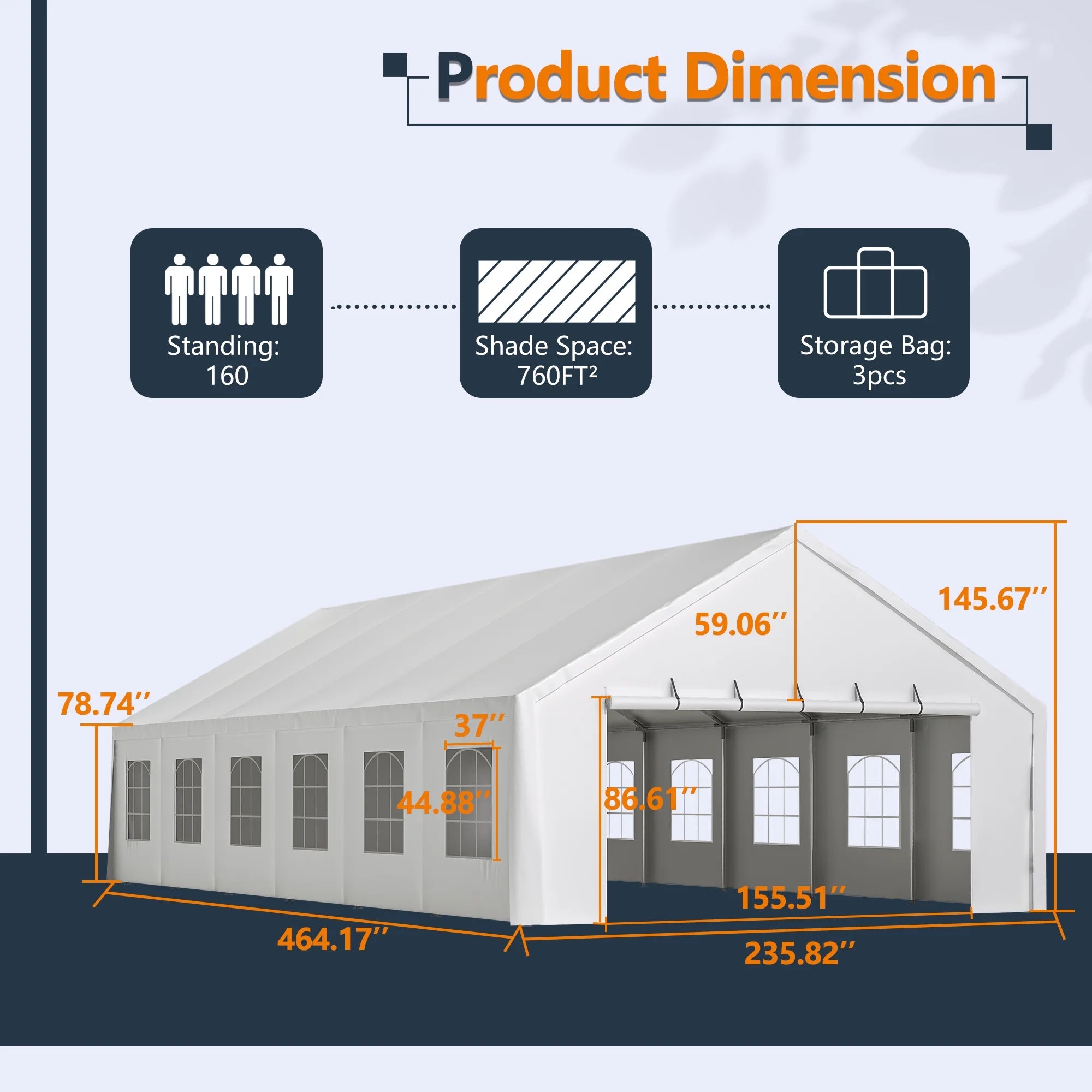 20x40 FT Heavy-Duty Party Tent with 3 Storage Bags - Large Waterproof Wedding Event Shelter for Removable Sidewalls & Zipper Door - Outdoor Commercial Tent for Parties Carport Camping BBQ Garden - Image 2