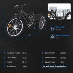 Alternative view of 26 Inch Adult 3 Wheel Electric Tricycle with Basket, Fat Tires,7 Speeds,350W Powerful Motor, 36V 10Ah Removable Battery Dark Gray