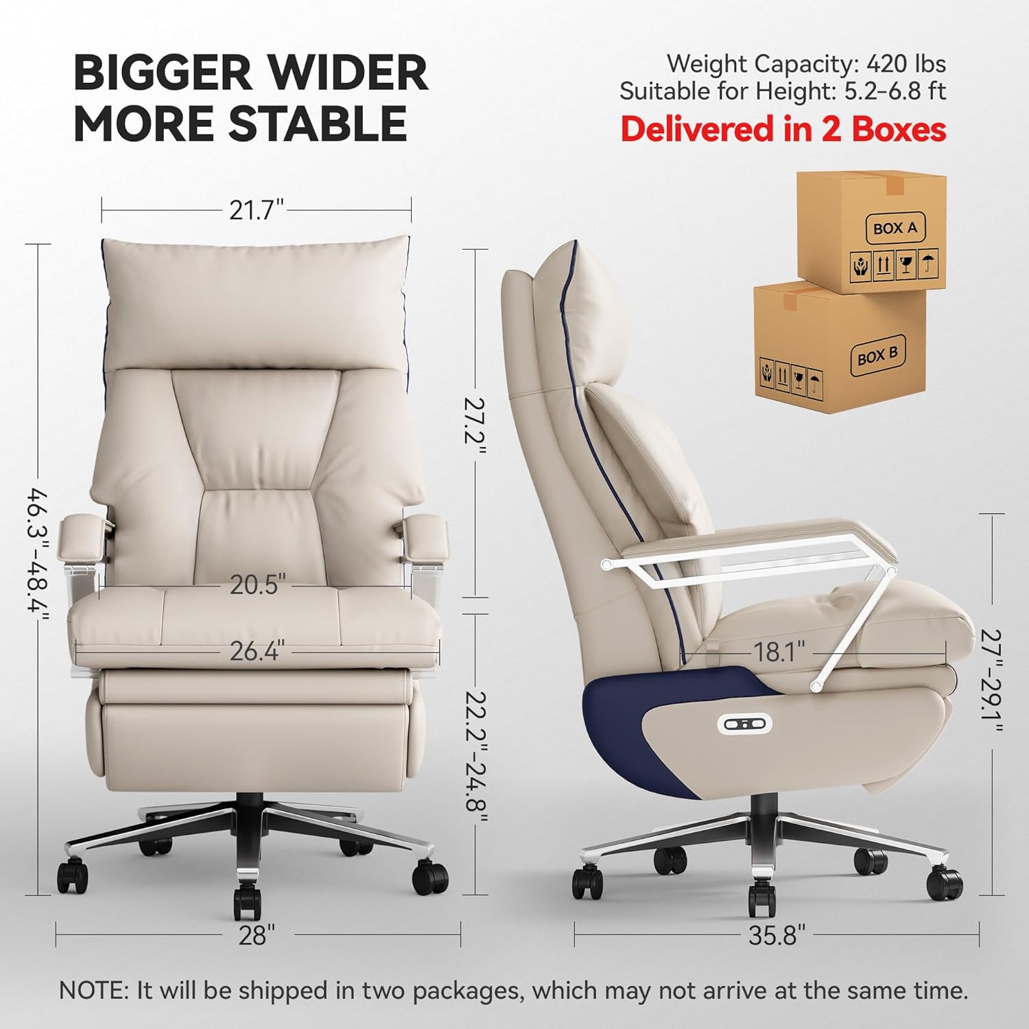 M80 Dual Motor Executive Office Chair with Footrest, Big & Tall, 420lbs, Beige - Image 2