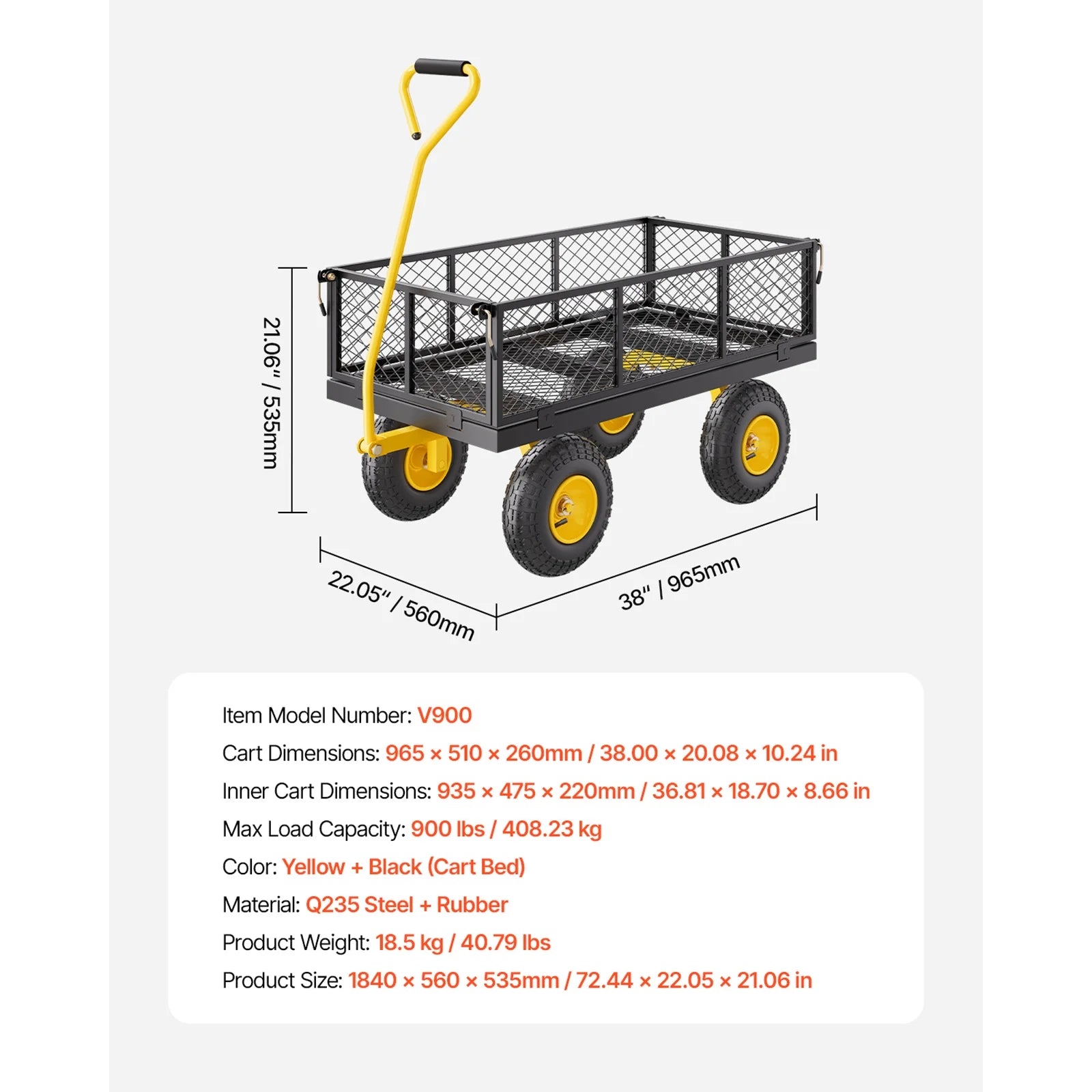 KFFKFF Mesh Steel Garden Cart 900 Lbs, 38 x 22 " Heavy Duty Utility Wagon Cart, Metal Garden Trolley with 10" Wheels, Removable Mesh Sides, 180 Swiveling Handle (Green) - Image 13