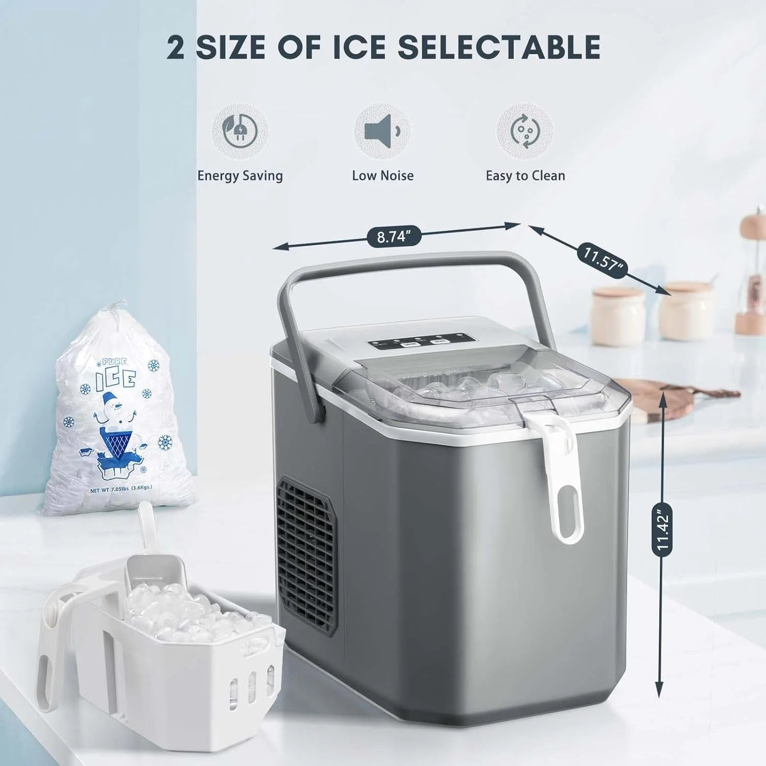 Countertop Ice MakerPortable Ice Machine with Carry HandleSelf-CleaningBasket and Scoop9 Cubes in 6 Mins26.5lbs/24Hrs2 Sizes of Bullet Icefor HomeKitchenPartyGrey - Image 4