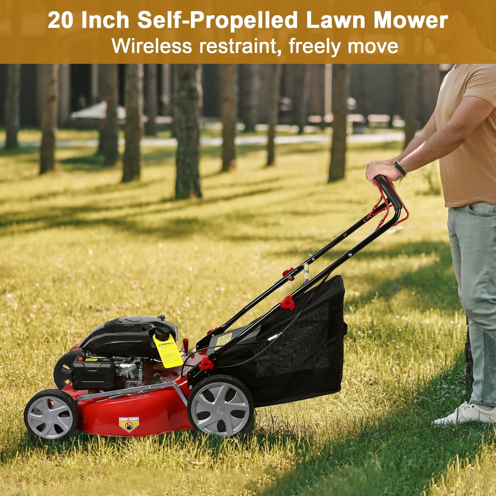 Lawn Mower, Self Propelled Lawn Mower, 141cc Gas Engine Lawn Mower, Push Lawn Mower with 50L Grass Tank, Big Wheels - Image 3