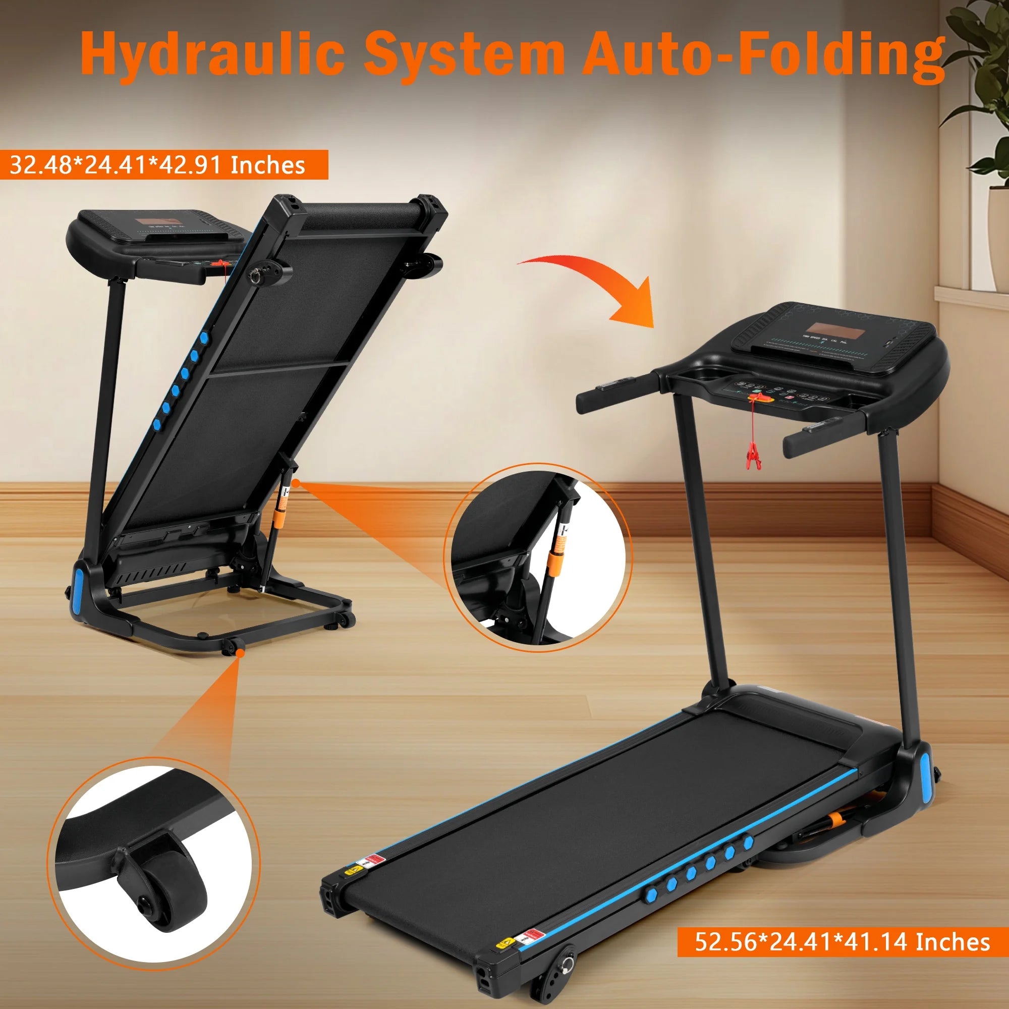 VLDTDRDI 500LBS 3.5HP Folding Treadmill with USB Charge Station,10Mph Electric Treadmil with Incline,Bluetooth Speaker,Device Holder and Pulse Sensor,Running Walking Exercise Machine - Image 5