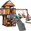 Backyard Discovery Canyon Creek Cedar Wood Swing Set with Wave Slide, Clubhouse, Play Kitchen, Picnic Area, Belt Swings, Web Swing, Rock Wall, Balconies, Playhouse, Step Ladder, Outdoor Playset - Image 20