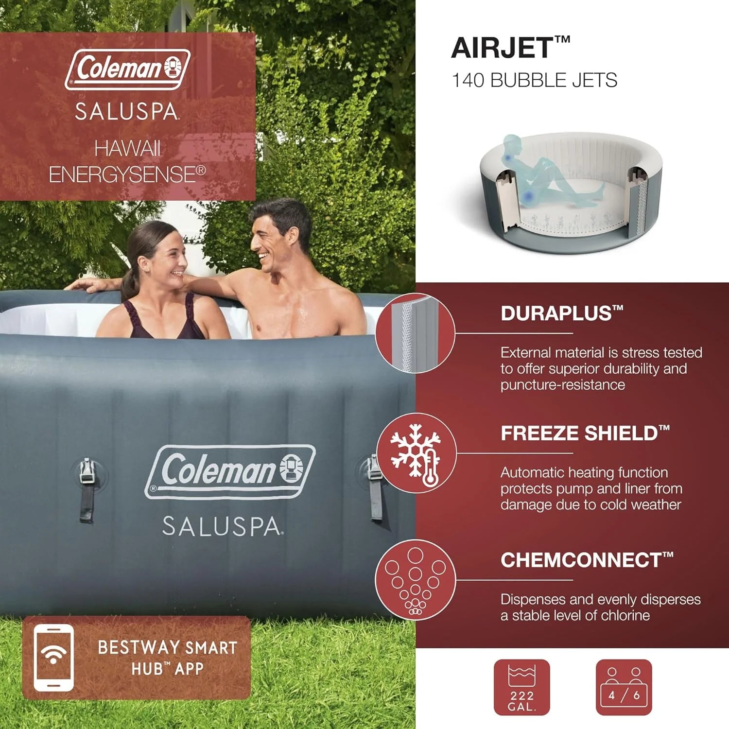 4 to 6 Person Inflatable Hot Tub Square Portable Outdoor Spa with 114 Soothing AirJets and Insulated Cover, Gray-Coleman - Image 6
