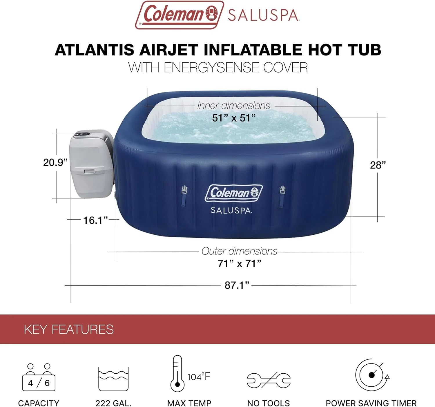 4 to 6 Person Inflatable Hot Tub Square Portable Outdoor Spa with 114 Soothing AirJets and Insulated Cover, Gray-Coleman - Image 12
