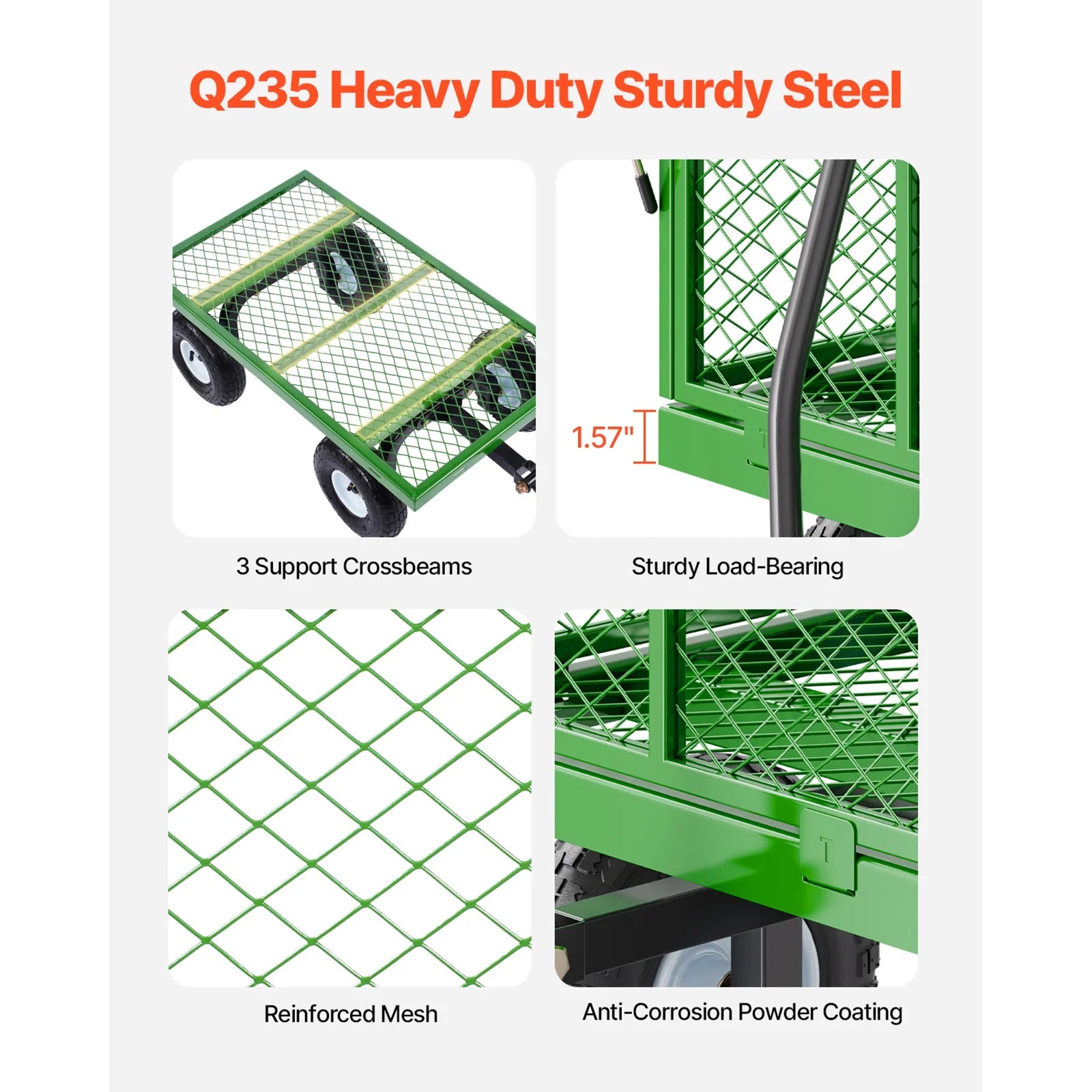 KFFKFF Mesh Steel Garden Cart 900 Lbs, 38 x 22 " Heavy Duty Utility Wagon Cart, Metal Garden Trolley with 10" Wheels, Removable Mesh Sides, 180 Swiveling Handle (Green) - Image 8
