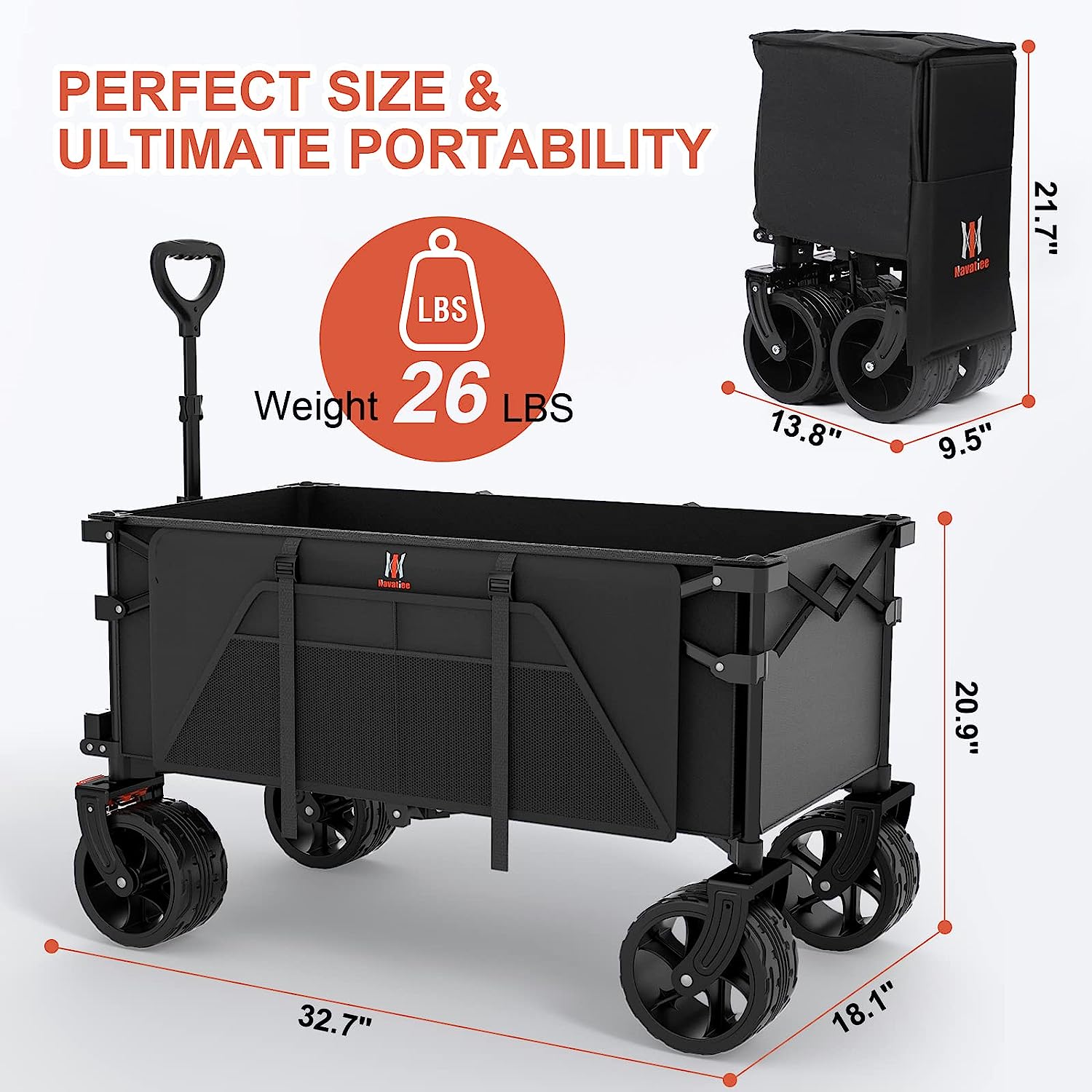 Navatiee Collapsible Folding Wagon Beach Wagon Cart Heavy Duty Foldable with Big Wheels Utility Grocery Wagon with Side Pocket and Brakes for Camping Garden Sports T1 - Image 6