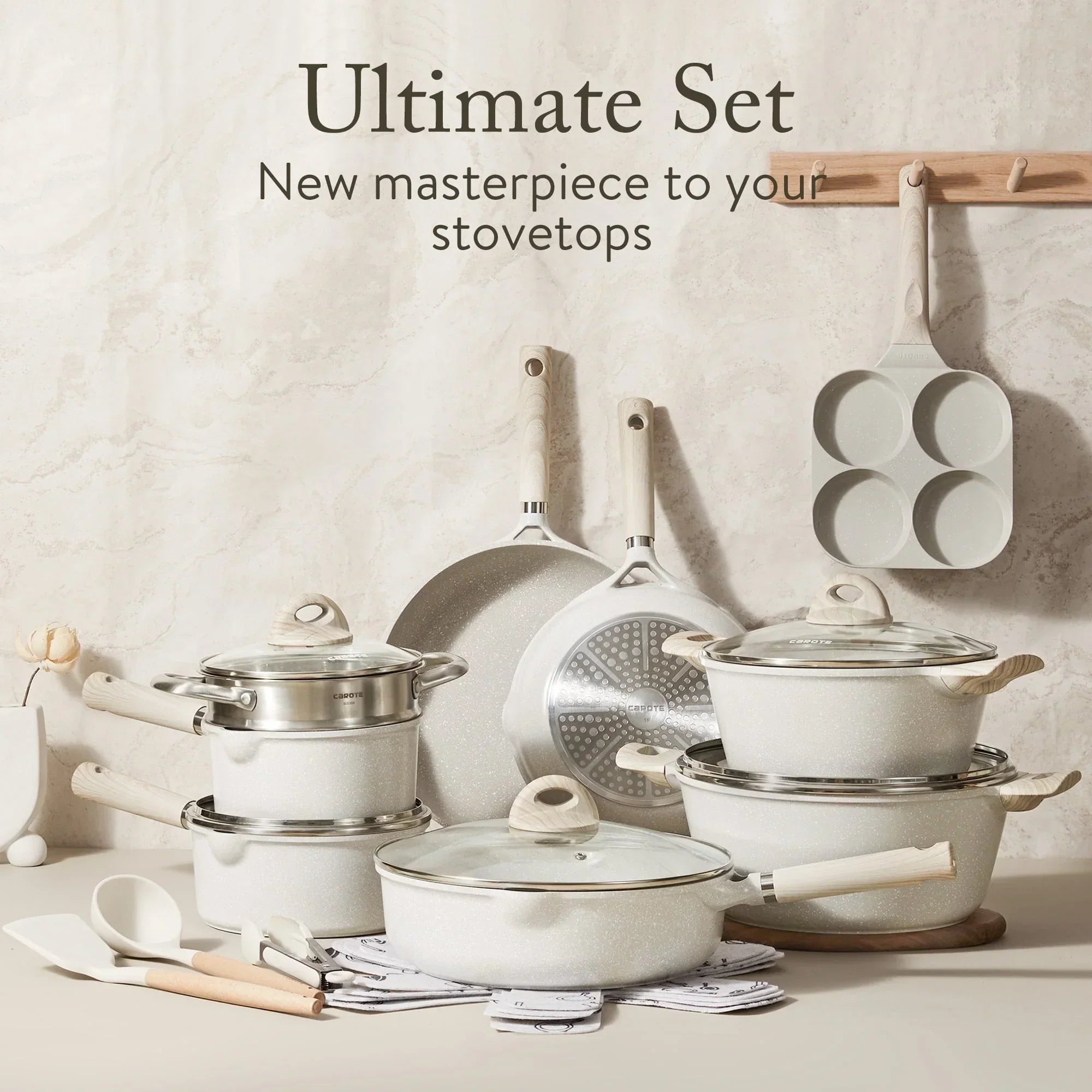 Non Stick Pots and Pans Set, 21 Pcs Induction Kitchen Cookware Sets (Beige Granite) - Image 3