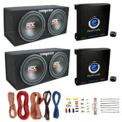 MTX TNE212D 12" Subwoofer (2 Pack) + Monoblock Amplifier (2 Pack) + Amp Wire Kit
