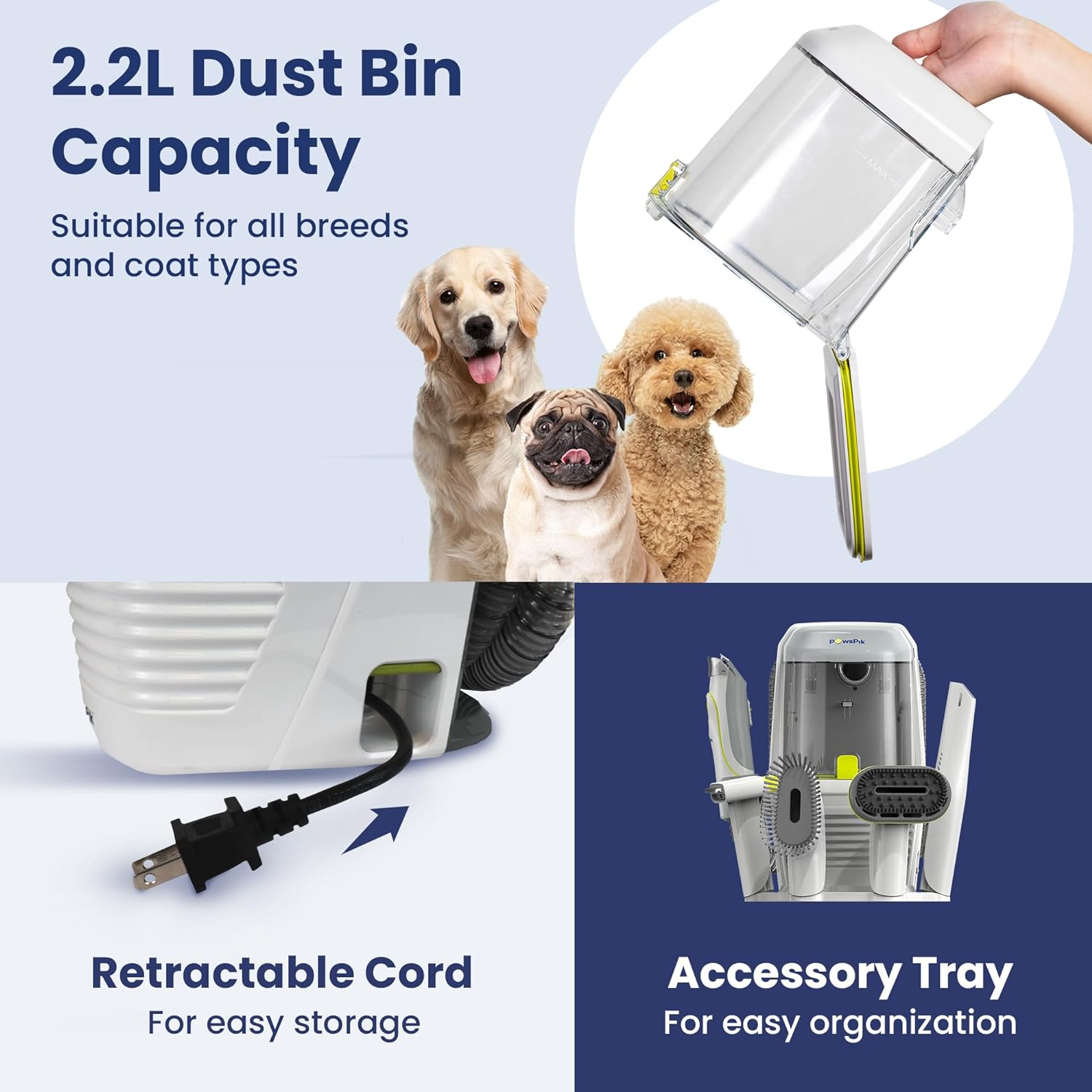 Professional Pet Grooming Vacuum Kit, Dogs & Cats, Direct Handheld Control, 7 Grooming Tools, 6 Suction Levels, Large 2.2L Dust Bin, UL, HEPA Filter - Image 6