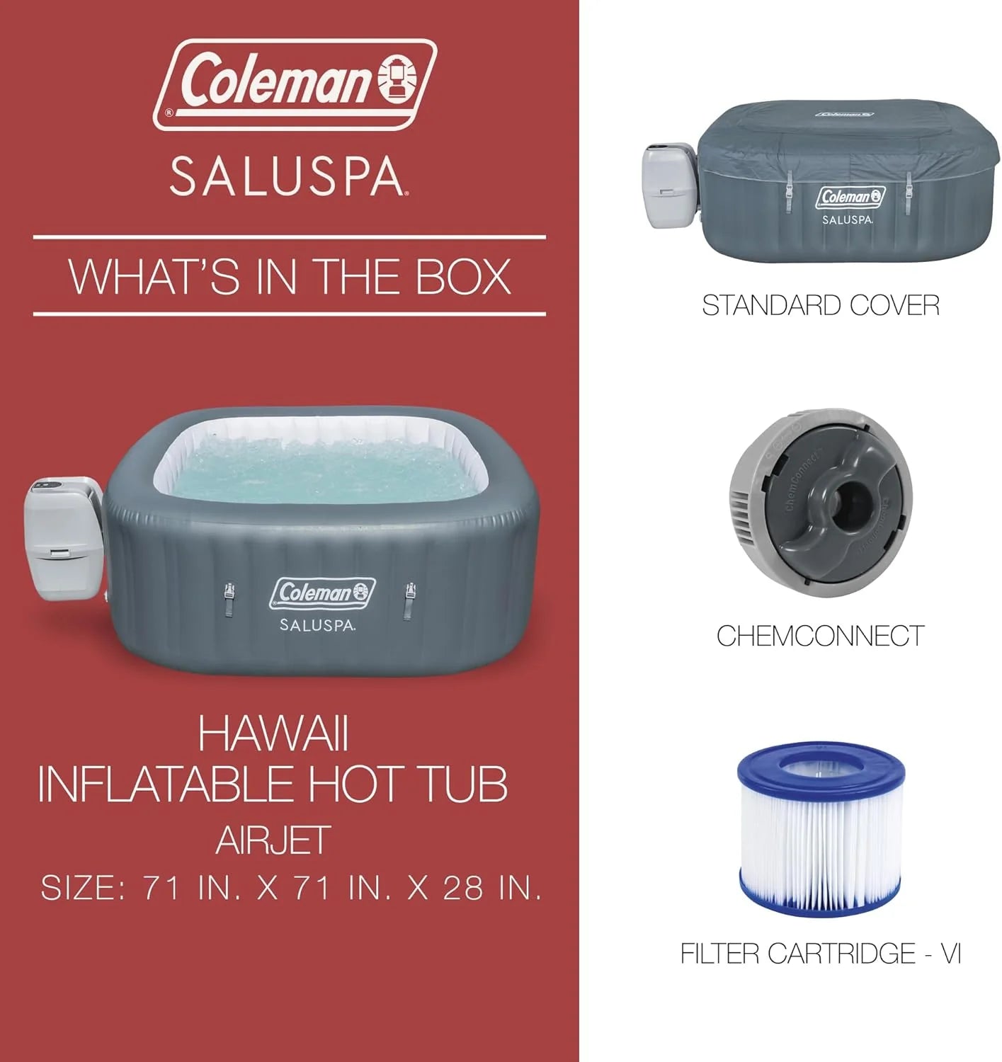 4 to 6 Person Inflatable Hot Tub Square Portable Outdoor Spa with 114 Soothing AirJets and Insulated Cover, Gray-Coleman - Image 22