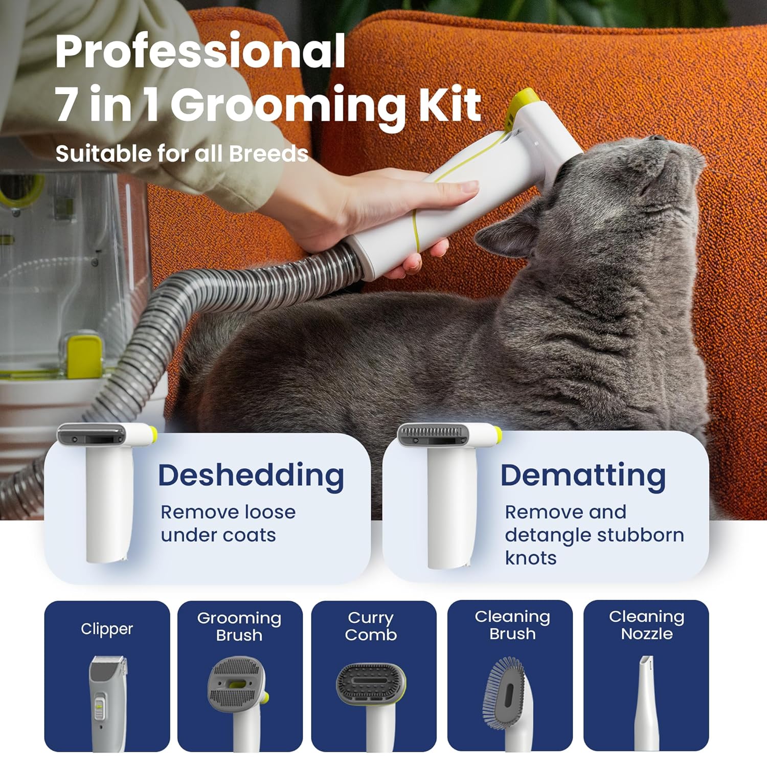 Professional Pet Grooming Vacuum Kit, Dogs & Cats, Direct Handheld Control, 7 Grooming Tools, 6 Suction Levels, Large 2.2L Dust Bin, UL, HEPA Filter - Image 3