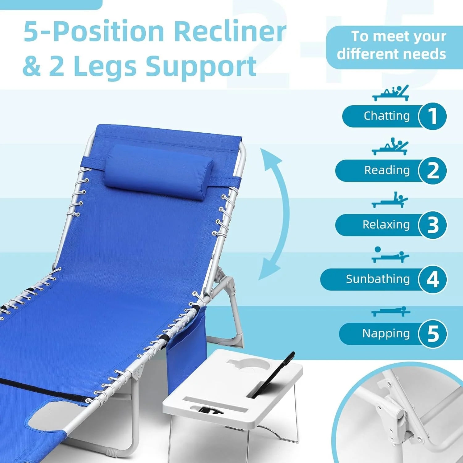 3-in-1 Outdoor Sun Tanning Lounge Chair with Face Hole 5-Position Recliner, Folding Side Table & Removable Pillow, 330lbs Capacity, Blue - Image 5