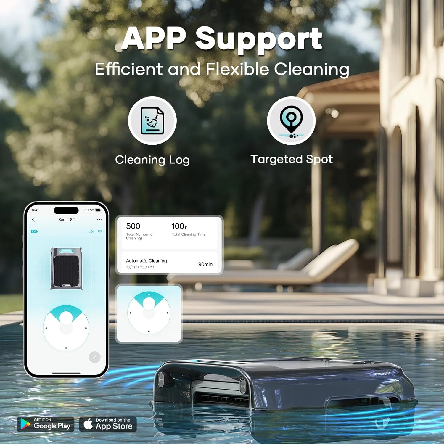 AIPER Surfer S2 Solar Pool Skimmer with APP Support, 24/7 Cleaning, Dual Charging Modes, Smart Obstacle Avoidance, Ideal for All Swimming Pool Types - Image 4