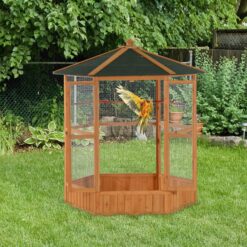 Alternative view of Large Wooden Hexagonal Outdoor Aviary Flight Bird Cage with Covered Roof