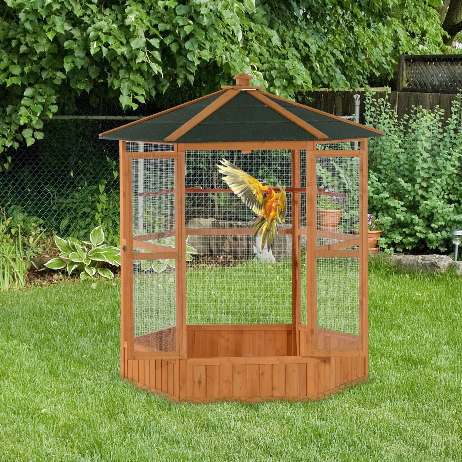 Large Wooden Hexagonal Outdoor Aviary Flight Bird Cage with Covered Roof - Image 2