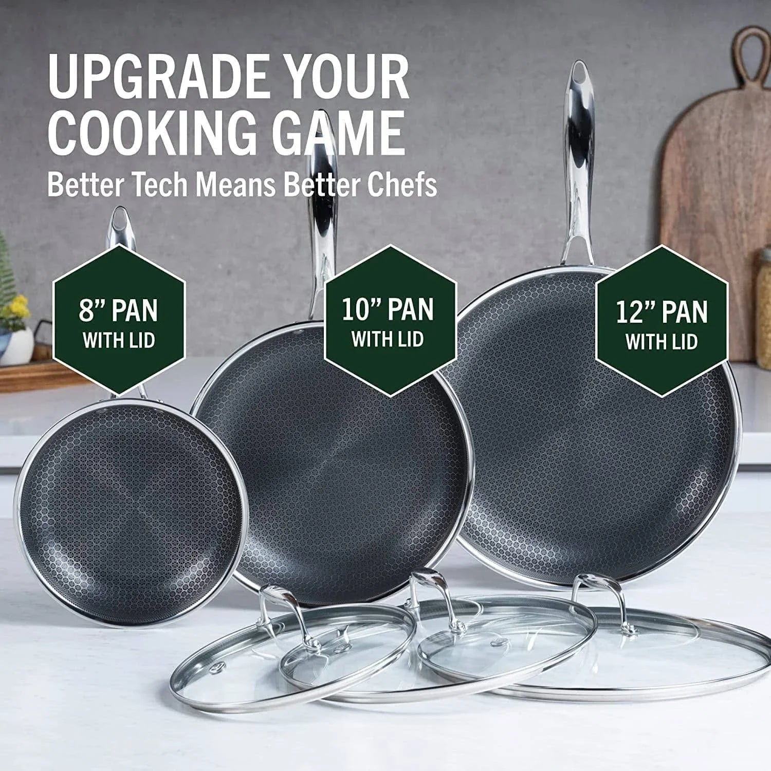 HexClad 6 Piece Hybrid Stainless Steel Cookware Pan Set 8 inch 10 inch 12 inch with Glass Lids Size: One size Black - Image 15