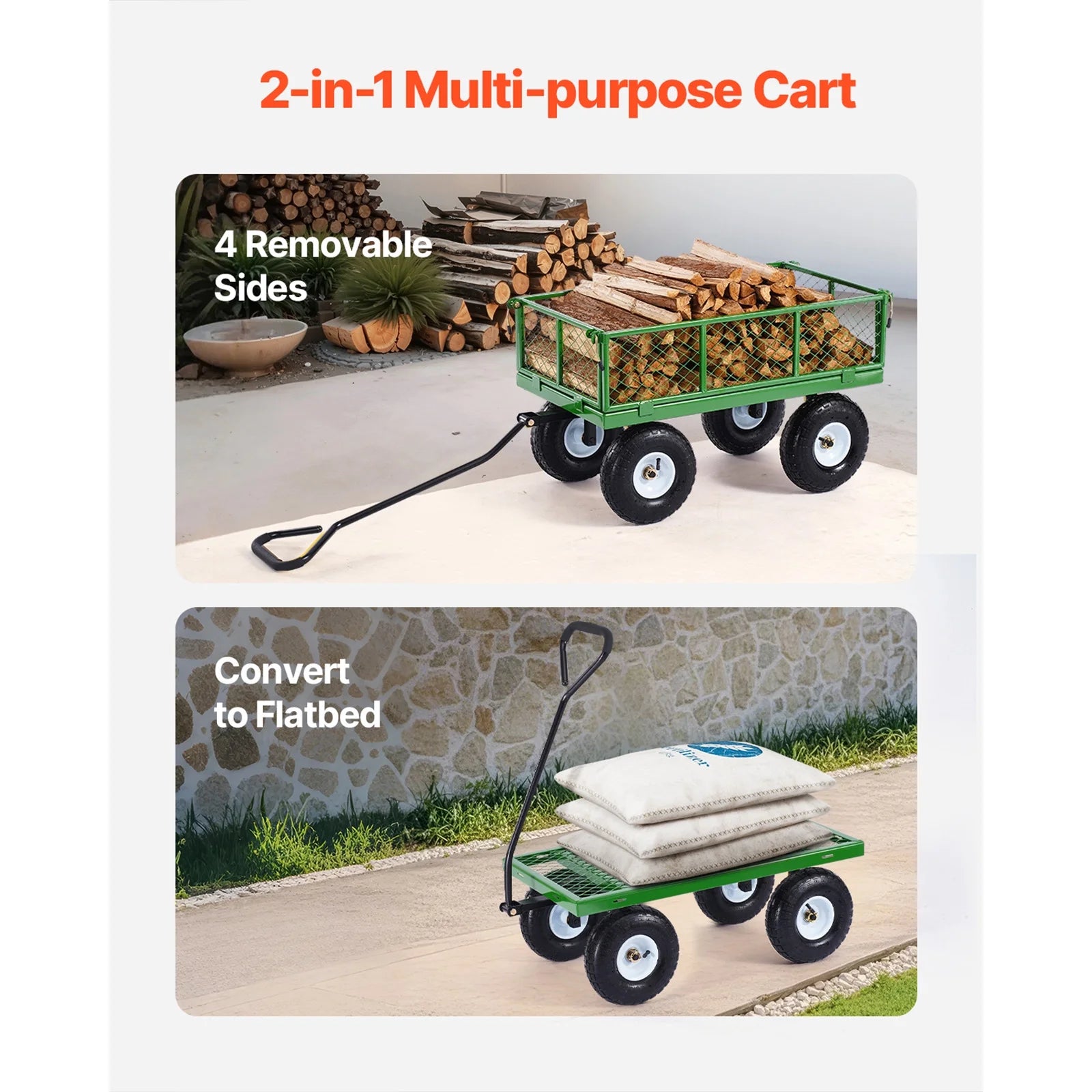 KFFKFF Mesh Steel Garden Cart 900 Lbs, 38 x 22 " Heavy Duty Utility Wagon Cart, Metal Garden Trolley with 10" Wheels, Removable Mesh Sides, 180 Swiveling Handle (Green) - Image 10