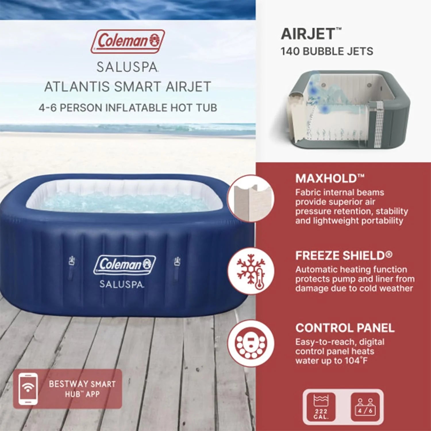 4 to 6 Person Inflatable Hot Tub Square Portable Outdoor Spa with 114 Soothing AirJets and Insulated Cover, Gray-Coleman - Image 26