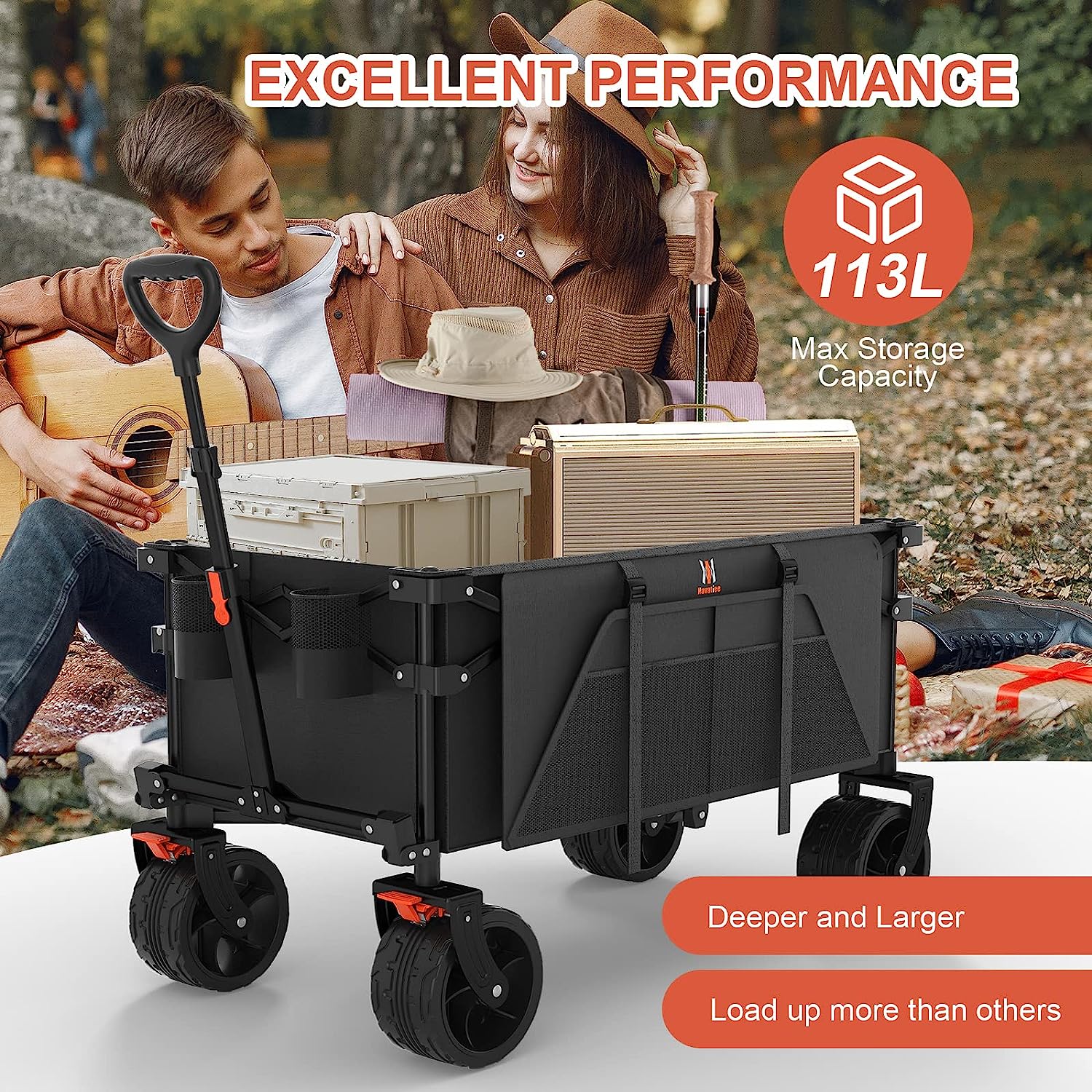 Navatiee Collapsible Folding Wagon Beach Wagon Cart Heavy Duty Foldable with Big Wheels Utility Grocery Wagon with Side Pocket and Brakes for Camping Garden Sports T1 - Image 5
