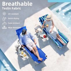 Alternative view of 3-in-1 Outdoor Sun Tanning Lounge Chair with Face Hole 5-Position Recliner, Folding Side Table & Removable Pillow, 330lbs Capacity, Blue