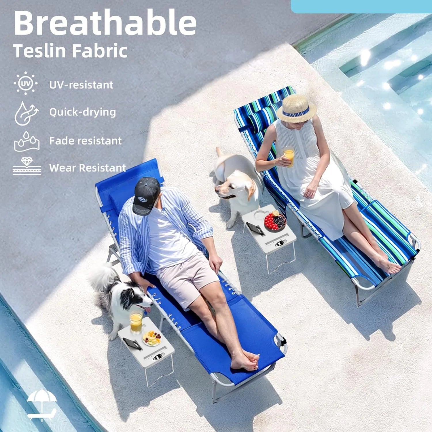 3-in-1 Outdoor Sun Tanning Lounge Chair with Face Hole 5-Position Recliner, Folding Side Table & Removable Pillow, 330lbs Capacity, Blue - Image 2