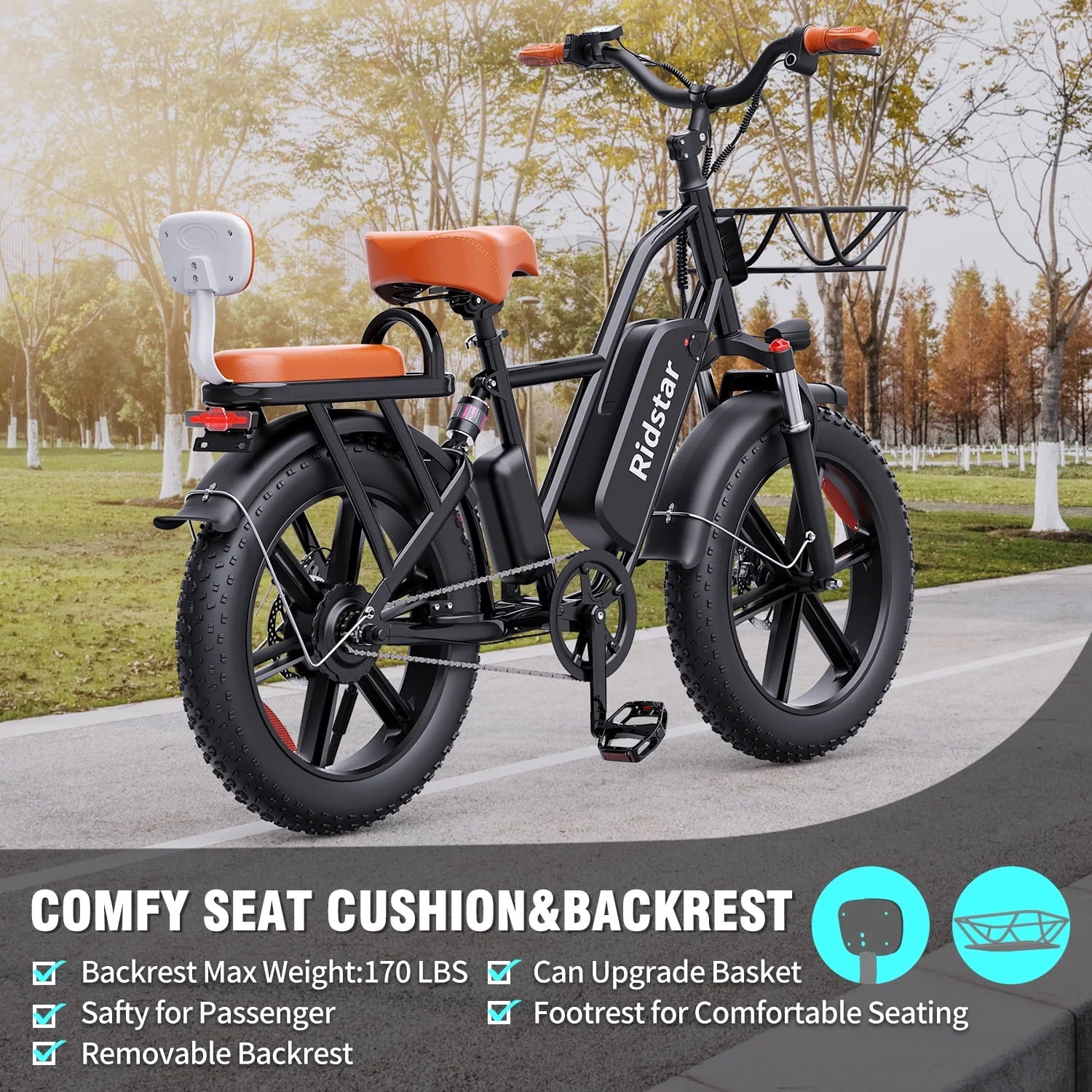 Electric Bike for Adults750W 30-70Miles 48V 15AH Removable Battery Ebike 20" x 4.0 Fat Tire Beach Commuting E-Bike 2 Seater W/Fork Suspension UL2849 - Image 7