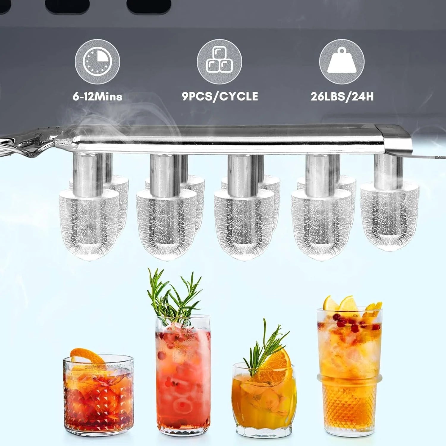 Countertop Ice MakerPortable Ice Machine with Carry HandleSelf-CleaningBasket and Scoop9 Cubes in 6 Mins26.5lbs/24Hrs2 Sizes of Bullet Icefor HomeKitchenPartyGrey - Image 6