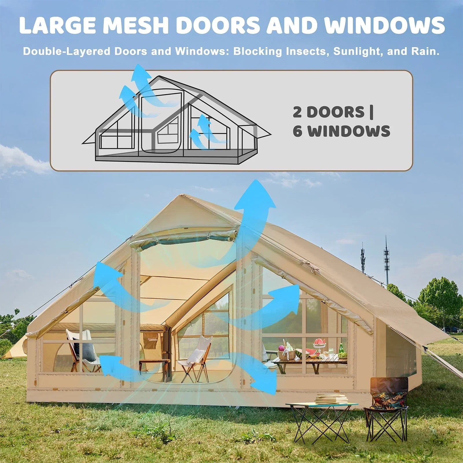 6 Person Inflatable Camping Tent with Pump, 10ft x7ft Glamping Family Tent Easy Setup 4 Season Waterproof Windproof Outdoor Blow Up Tent Luxury Oxford Cabin with Mesh Windows & Doors sgtnighsdesigns - Image 4