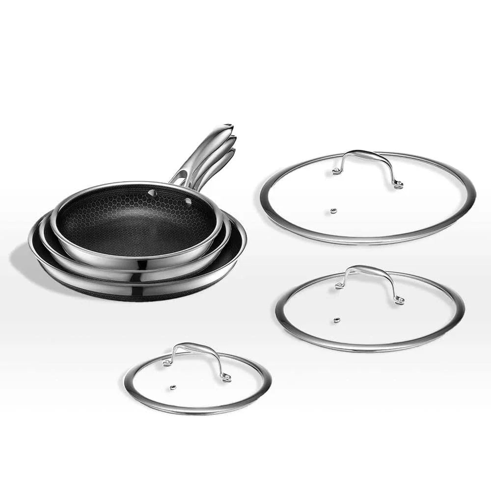 HexClad 6 Piece Hybrid Stainless Steel Cookware Pan Set 8 inch 10 inch 12 inch with Glass Lids Size: One size Black - Image 12