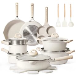 Carote 21-Piece Nonstick Cookware Set, Eco-Friendly Granite, Induction Compatible, Beige