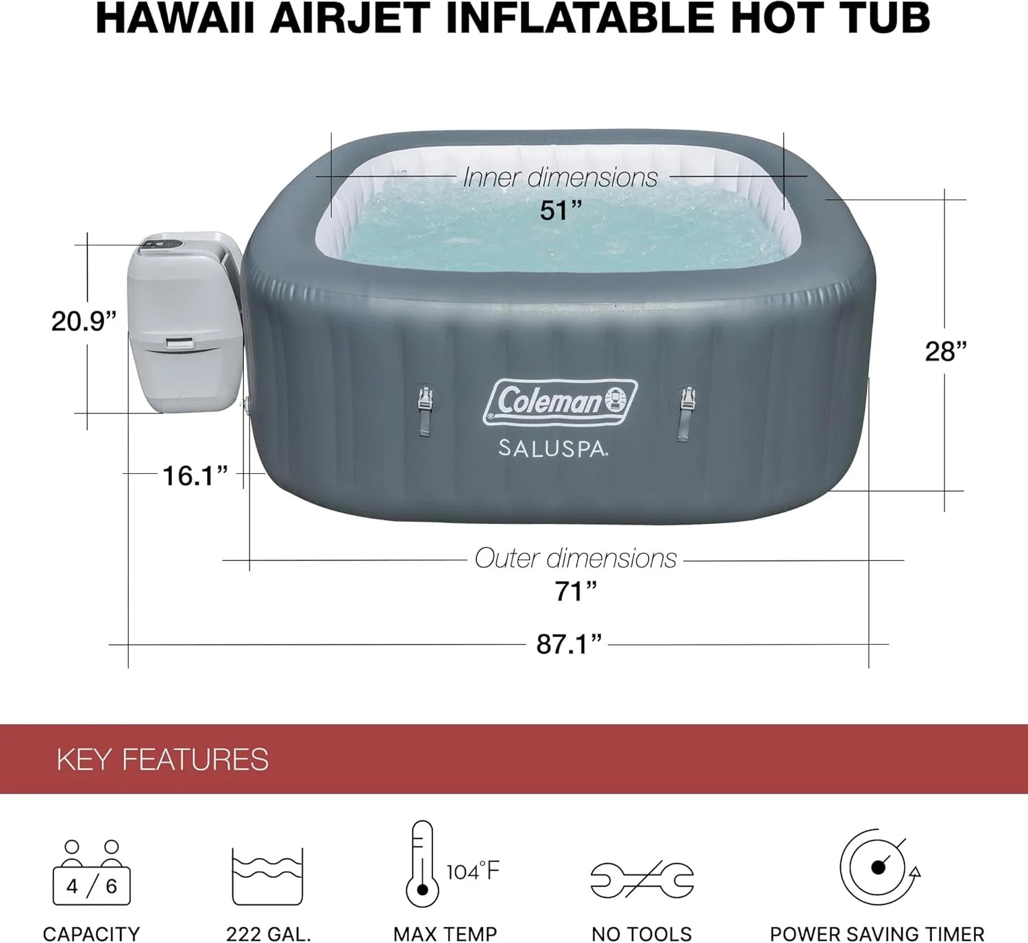 4 to 6 Person Inflatable Hot Tub Square Portable Outdoor Spa with 114 Soothing AirJets and Insulated Cover, Gray-Coleman - Image 19