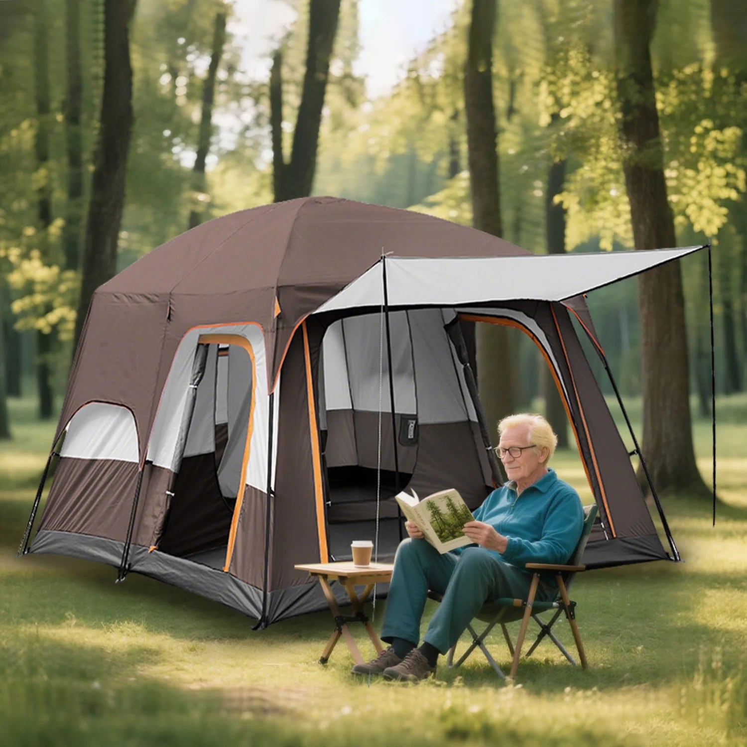 KFeng 12 Person Tents for Camping - 2Rooms 3Doors&3Windows Mesh,Suitable for Outdoor/Picnic,Brown - Image 11