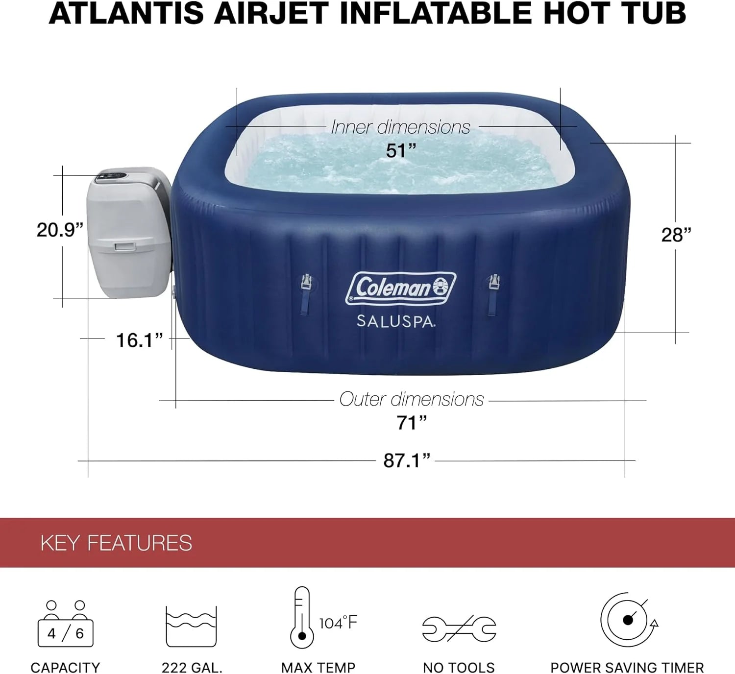 4 to 6 Person Inflatable Hot Tub Square Portable Outdoor Spa with 114 Soothing AirJets and Insulated Cover, Gray-Coleman - Image 25