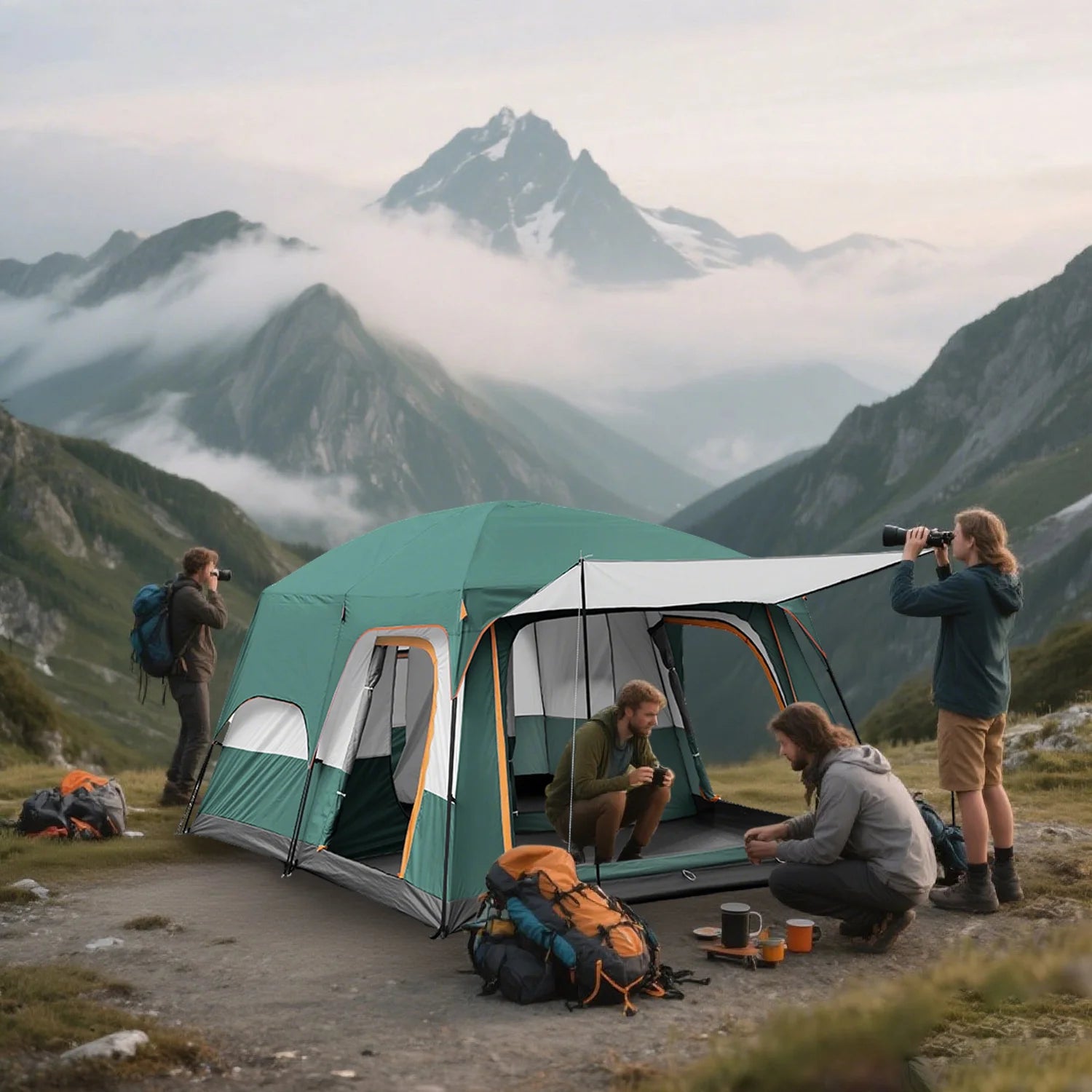 KFeng 12 Person Tents for Camping - 2Rooms 3Doors&3Windows Mesh,Suitable for Outdoor/Picnic,Brown - Image 18