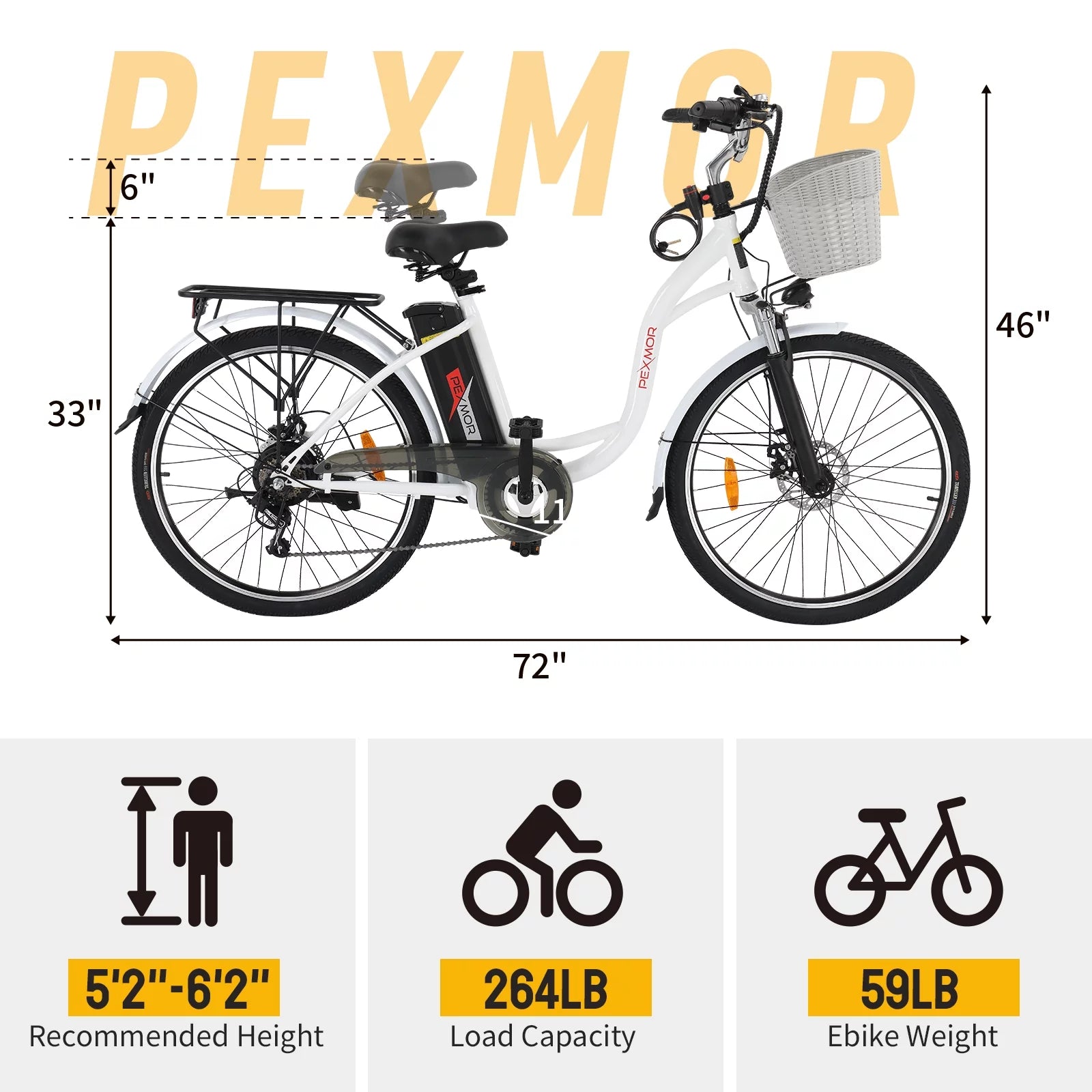 PEXMOR Electric Bike for Adults 350W (Peak 500W) City Commuter Ebike 36V 12.5AH Removable Battery 26" Cruiser Electric Bicycle Shimano 6-Speed | Dual Shock Absorber | Basket - Image 9