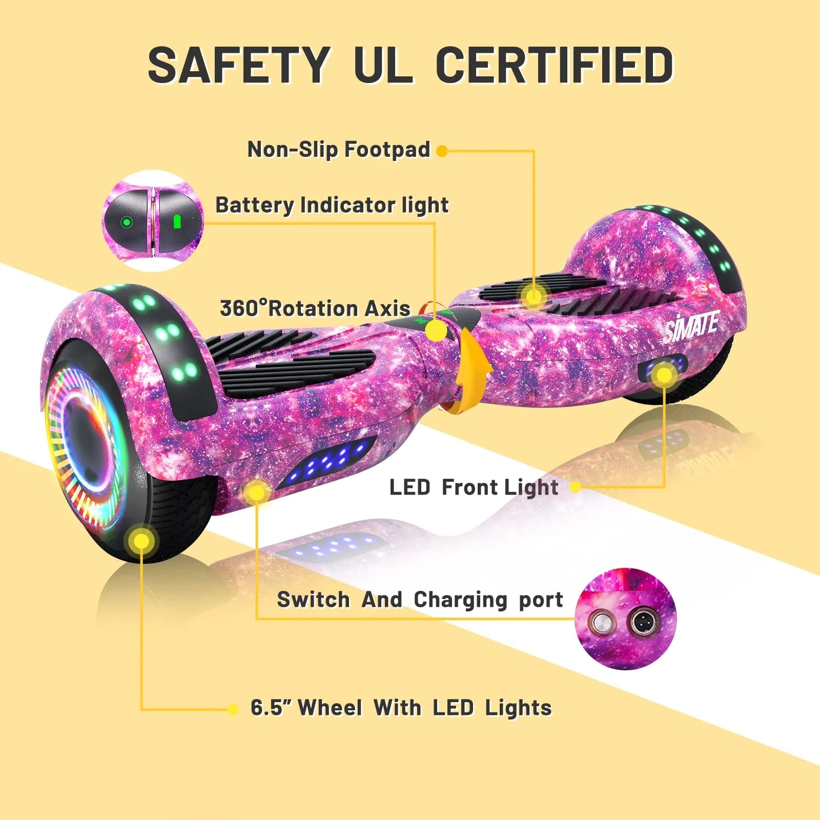 SIMATE 6.5" Hoverboard with Bluetooth & LED Lights - Image 4