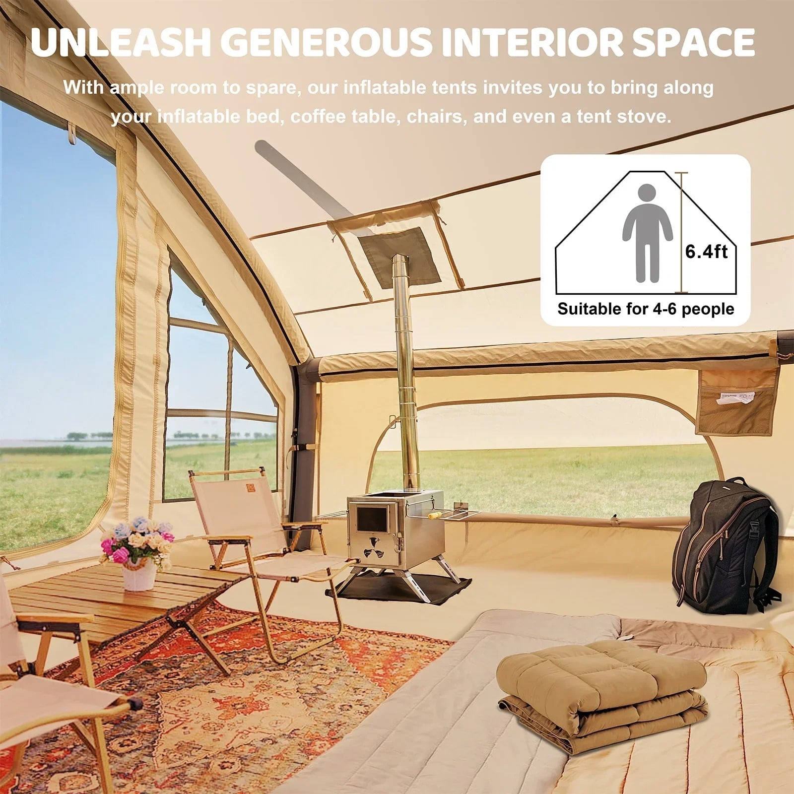 6 Person Inflatable Camping Tent with Pump, 10ft x7ft Glamping Family Tent Easy Setup 4 Season Waterproof Windproof Outdoor Blow Up Tent Luxury Oxford Cabin with Mesh Windows & Doors sgtnighsdesigns - Image 2