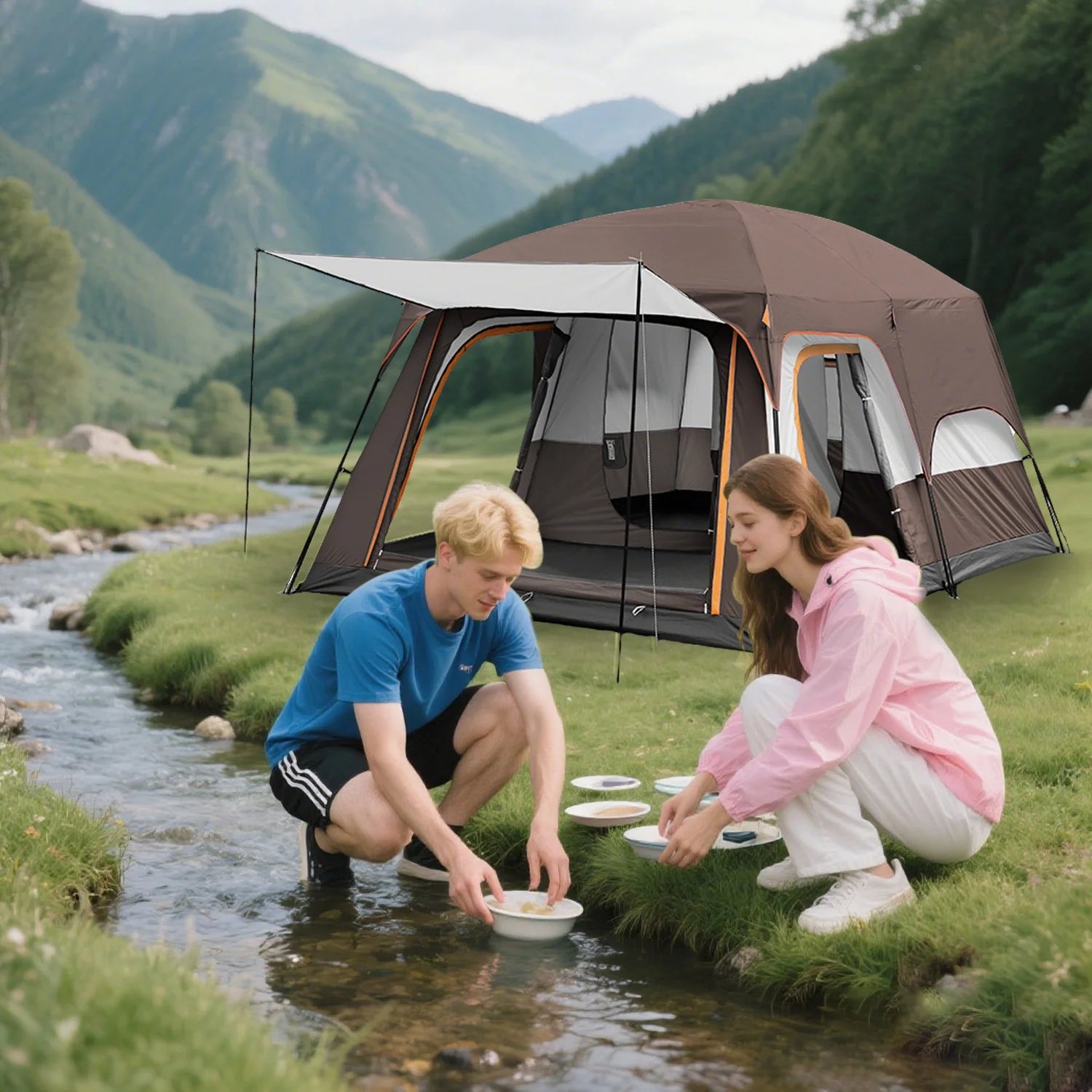 KFeng 12 Person Tents for Camping - 2Rooms 3Doors&3Windows Mesh,Suitable for Outdoor/Picnic,Brown - Image 5