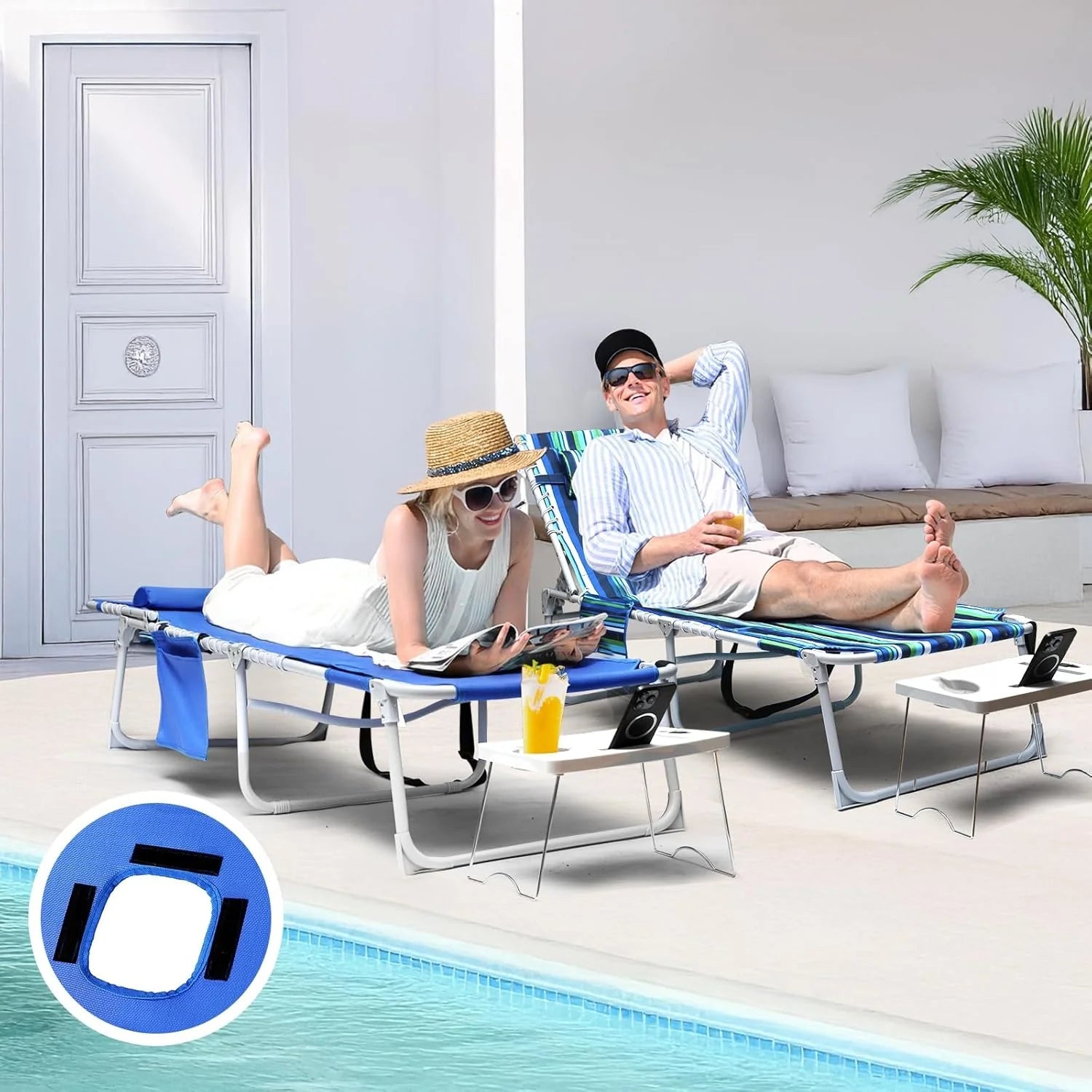 3-in-1 Outdoor Sun Tanning Lounge Chair with Face Hole 5-Position Recliner, Folding Side Table & Removable Pillow, 330lbs Capacity, Blue - Image 3