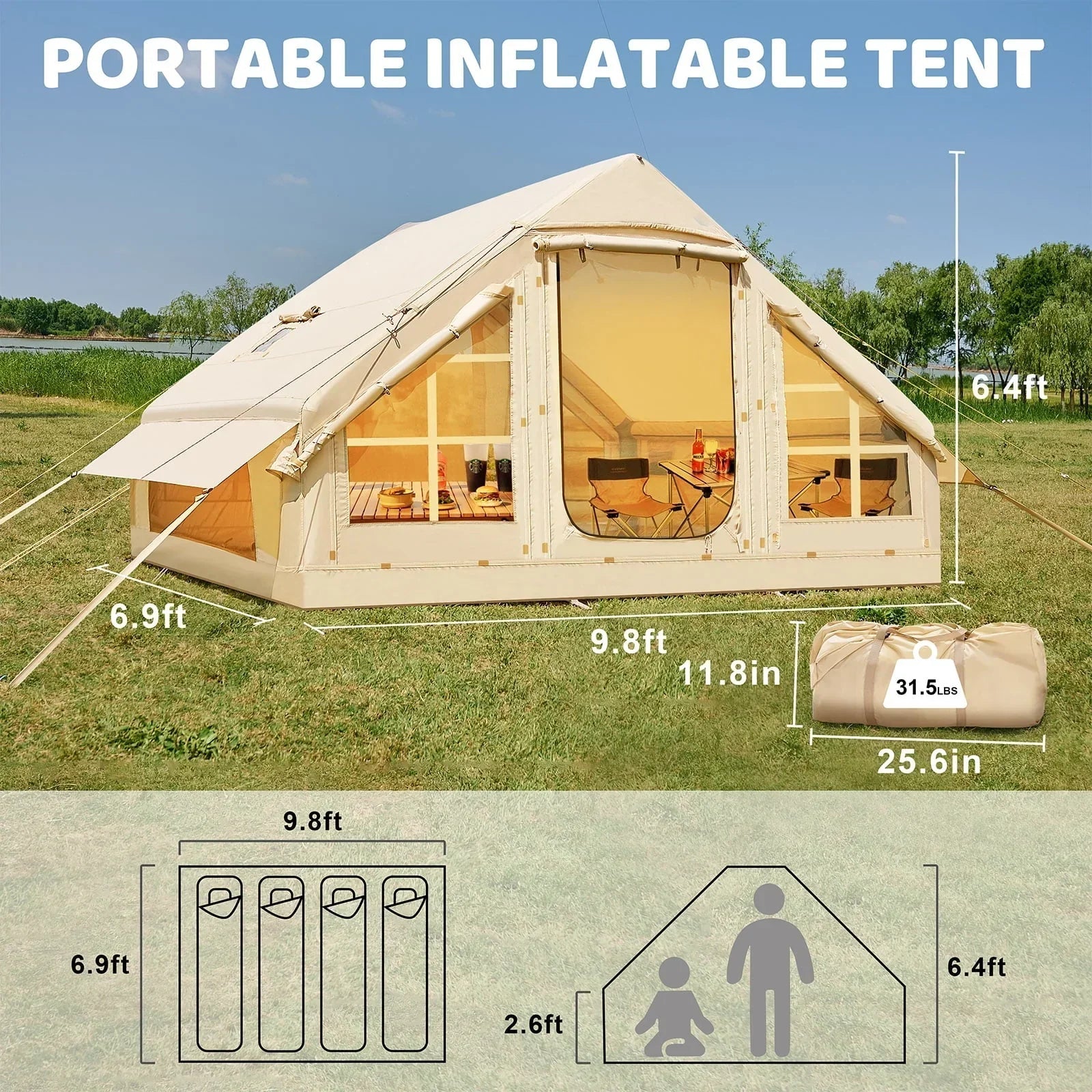 6 Person Inflatable Camping Tent with Pump, 10ft x7ft Glamping Family Tent Easy Setup 4 Season Waterproof Windproof Outdoor Blow Up Tent Luxury Oxford Cabin with Mesh Windows & Doors sgtnighsdesigns - Image 3