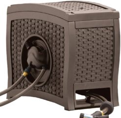 Suncast Aquawinder 125 Wicker Garden Hose Reel Lightweight Portable Hands Free Water Powered Retractable Hose Reel Java
