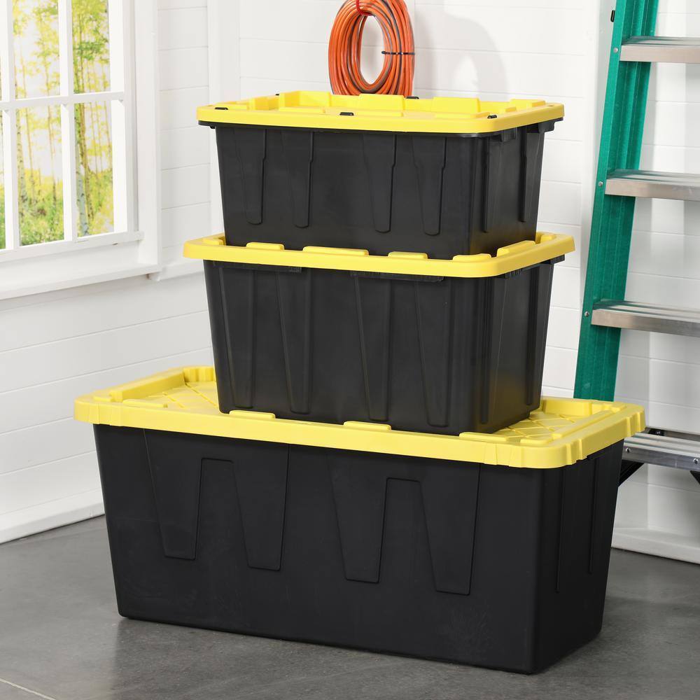 HDX 27-Gallon Black Stackable Waterproof Storage Tote with Yellow Lid, 5-Pack - Image 10