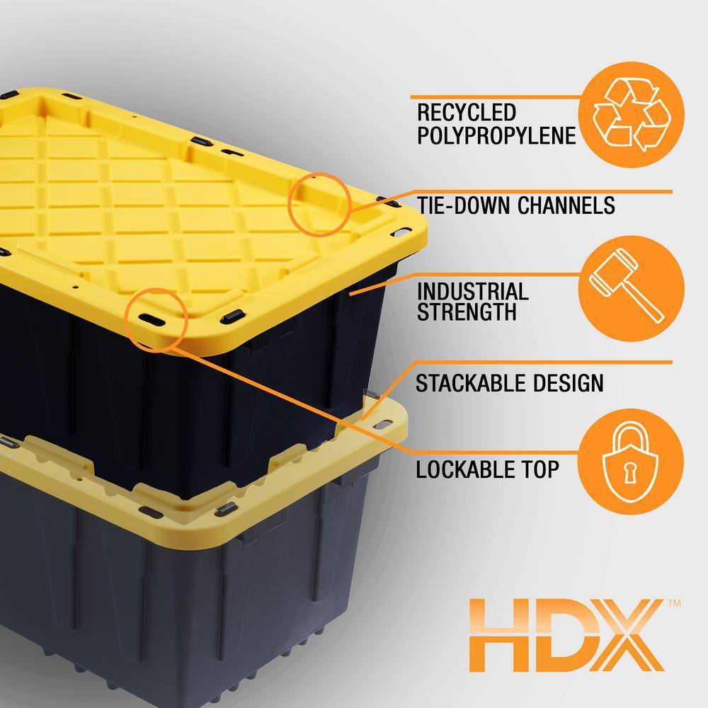 HDX 27-Gallon Black Stackable Waterproof Storage Tote with Yellow Lid, 5-Pack - Image 4