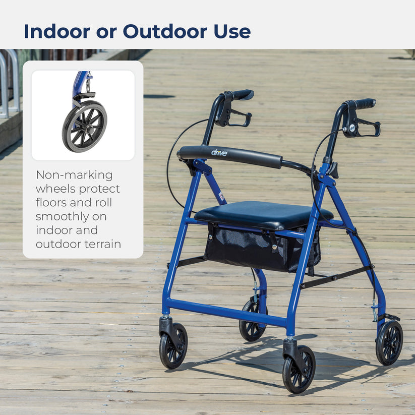 Drive Medical 4-Wheel Rollator Walker, Foldable, Padded Seat & Backrest, 6-Inch Wheels, Blue - Image 4