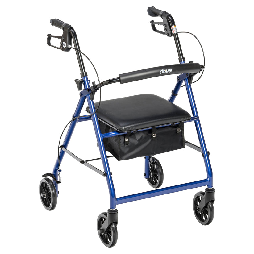 Drive Medical 4-Wheel Rollator Walker, Foldable, Padded Seat & Backrest, 6-Inch Wheels, Blue