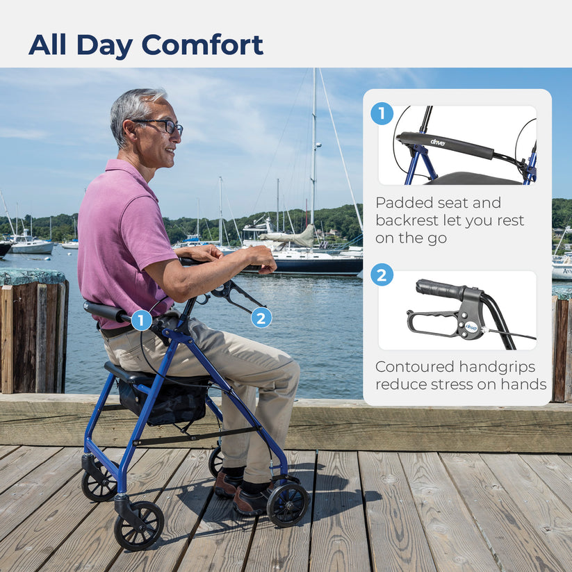 Drive Medical 4-Wheel Rollator Walker, Foldable, Padded Seat & Backrest, 6-Inch Wheels, Blue - Image 3
